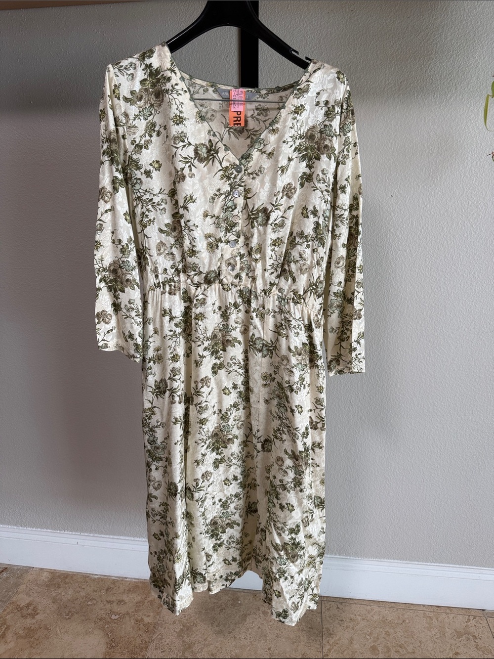 April Cornell Dress Sage Green Floral Size S Pintuck A-Line Midi 3/4 Sleeve